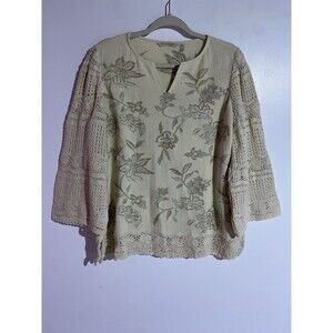 Soft Surroundings Top PXL Cream Crochet Boho Beachy Floral Embroidery‎ Artsy